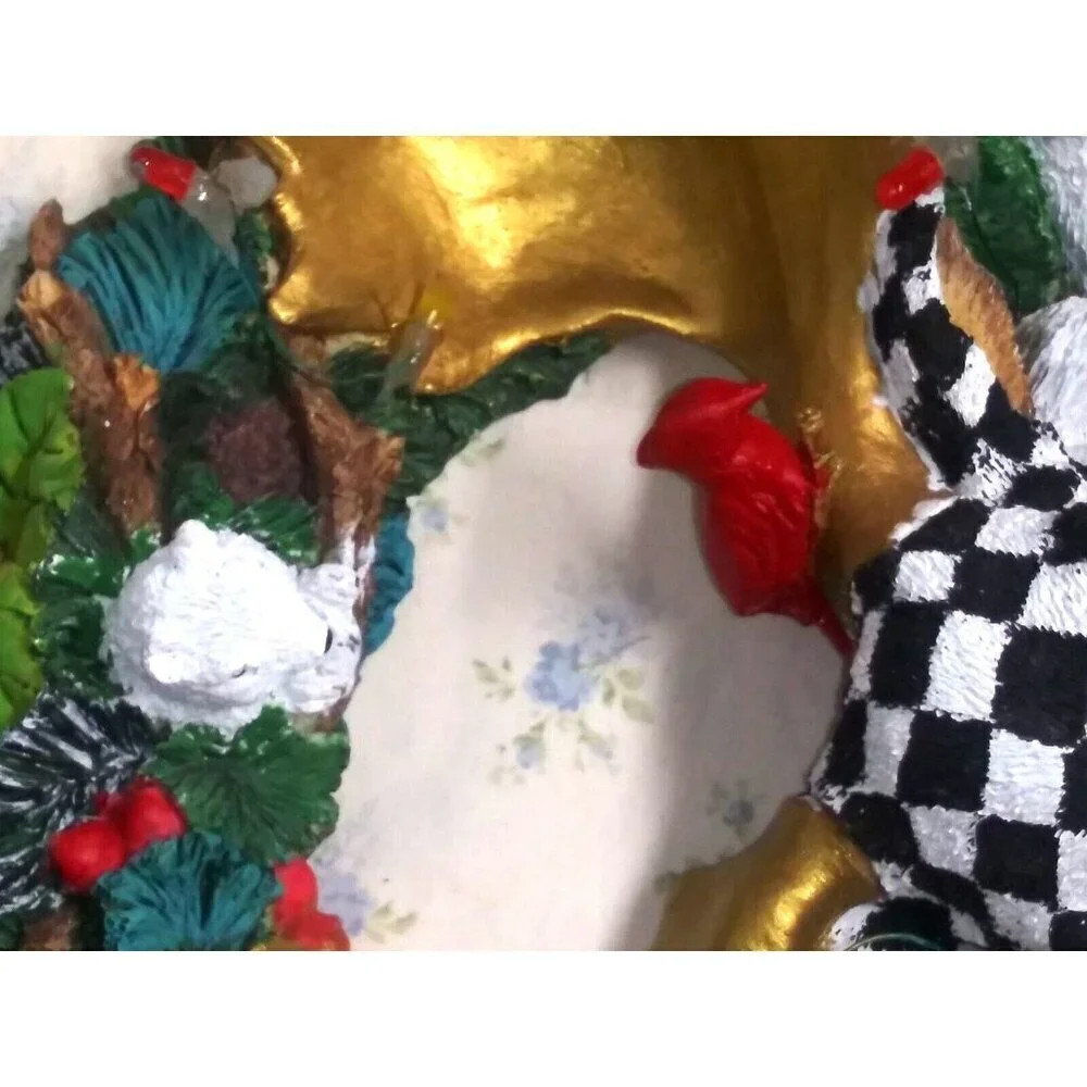 Christmas Wreath CHECKERED Whimsical resin 3D Moose squirrels cardinals OOAK